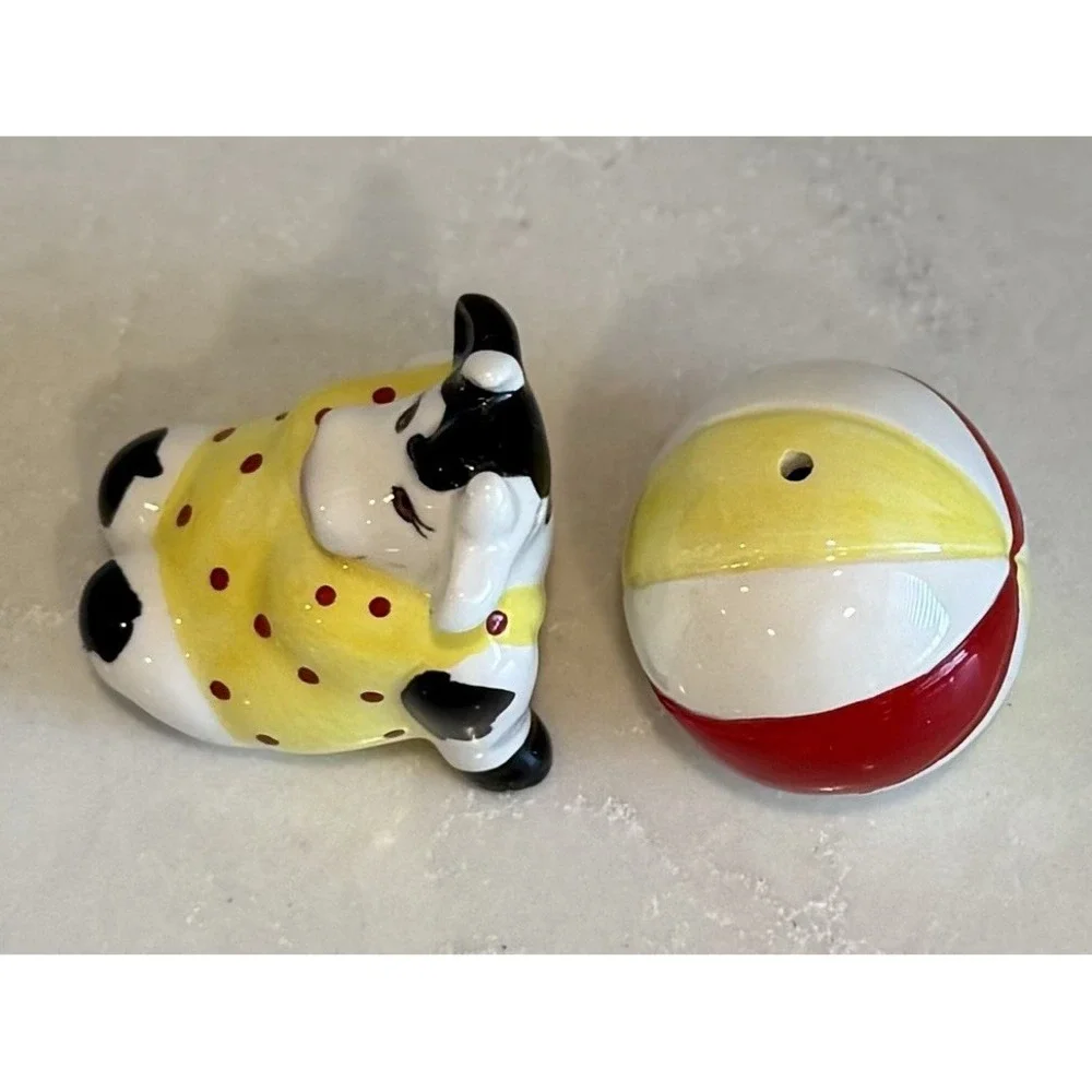 Vtg Clay Art‎ Miniature, Cow and Beach Ball Salt and Pepper Shakers, Mini S&P